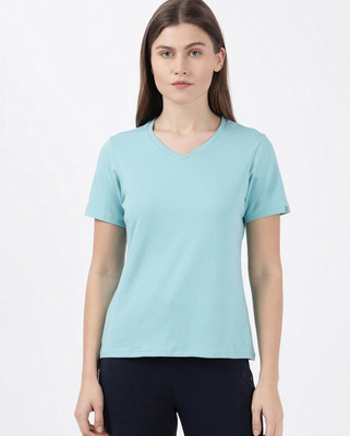 JOCKEY Solid Women V Neck Light Blue T-Shirt