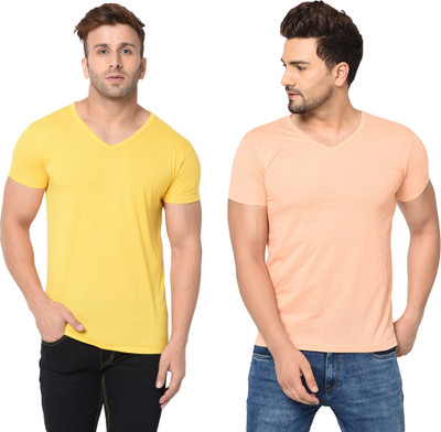 Moordale Fab Solid Men V Neck Pink, Yellow T-Shirt