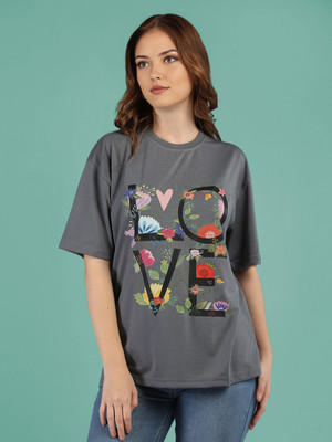 Mast & Harbour Printed Women Round Neck Grey T-Shirt