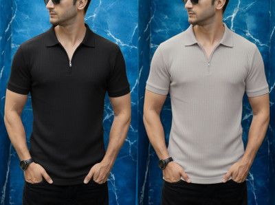DSV Self Design Men Polo Neck Grey, Black T-Shirt