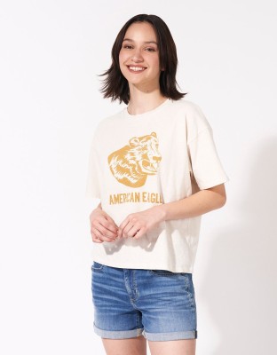 American Eagle Graphic Print Women Crew Neck White T-Shirt