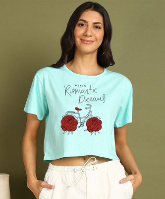 CHOZI Printed Women Round Neck Light Blue T-Shirt