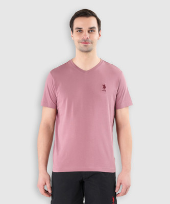 U.S. POLO ASSN. Solid Men V Neck Pink T-Shirt