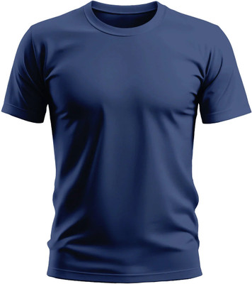 Warriorworld Solid Men Round Neck Navy Blue T-Shirt