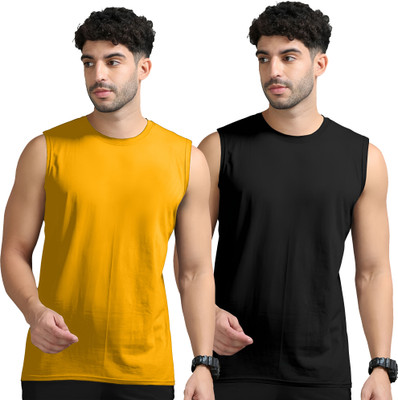 Adorbs Solid Men Round Neck Yellow, Black T-Shirt