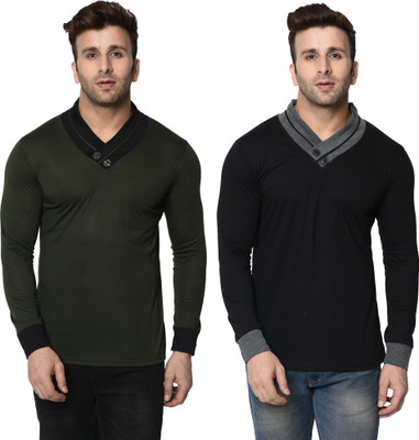 Adorbs Trend Colorblock Men Shawl Neck Dark Green, Black T-Shirt