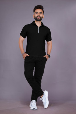 Ganesh Enterprise Self Design Men Zip Neck Black T-Shirt