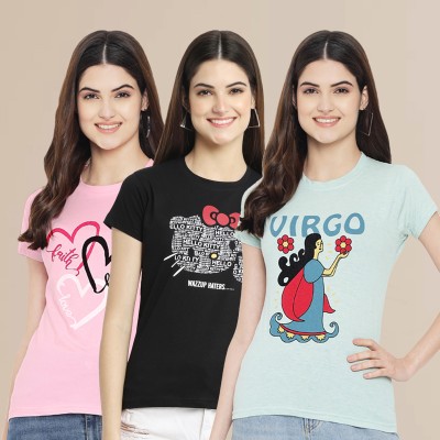 METRONAUT Printed Women Round Neck Light Blue, Pink, Black T-Shirt