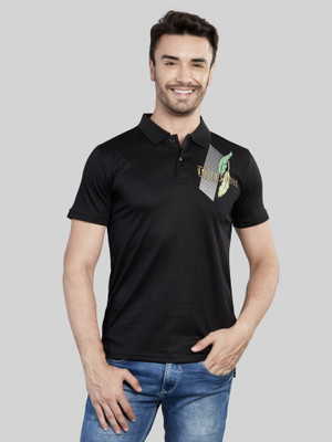 BE POSITIVE Printed Men Polo Neck Black T-Shirt
