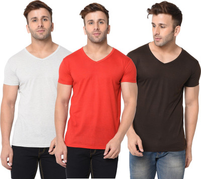 JB Jagoboy Self Design, Solid Men V Neck Red, Brown, Grey T-Shirt