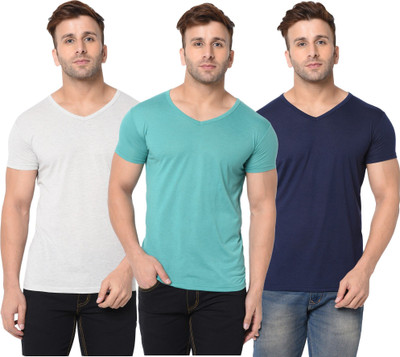 JB Jagoboy Solid Men V Neck Dark Blue, Grey, Light Green T-Shirt