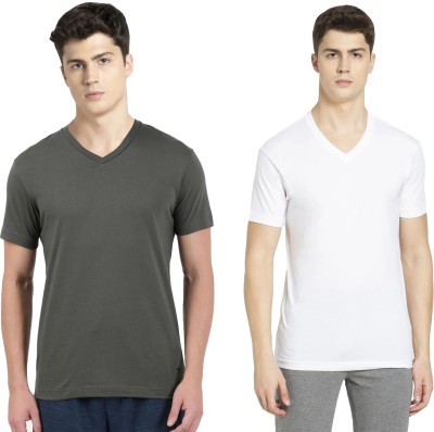 JOCKEY Solid Men V Neck Dark Green, White T-Shirt