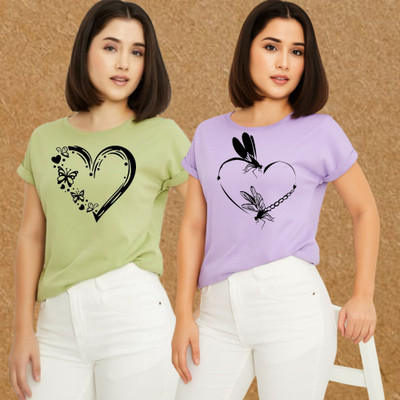 Kasendra Printed Women Round Neck Green, Purple T-Shirt