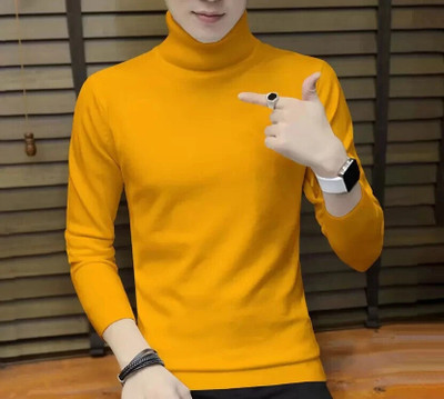 TEEMEX Solid Men High Neck Yellow T-Shirt