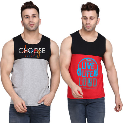 SLOWLORIS Printed, Colorblock Men Round Neck Black, Red, Grey T-Shirt