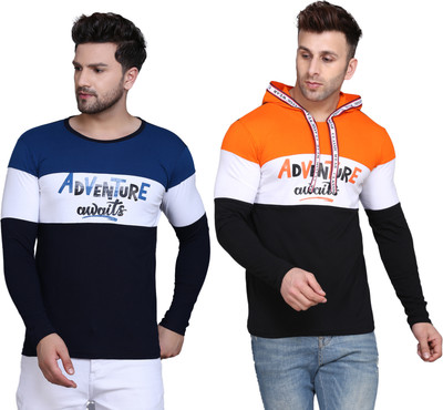 SLOWLORIS Printed Men Hooded Neck Dark Blue, Orange T-Shirt