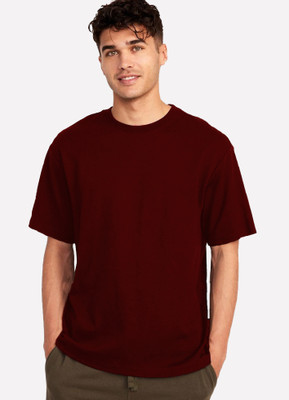 DRIZZLE CLICKS Solid Men Round Neck Maroon T-Shirt