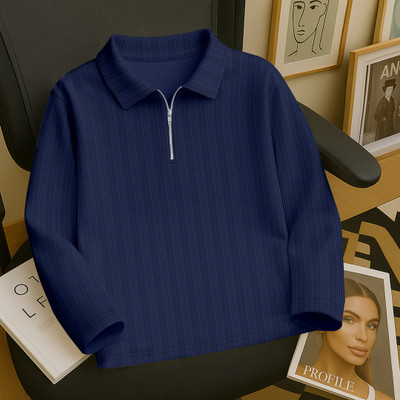 KAJARU Self Design Men Zip Neck Dark Blue T-Shirt