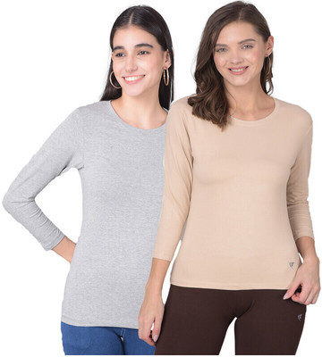 Comfort Lady Solid Women Round Neck Beige, Grey T-Shirt