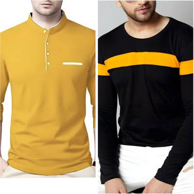 Pachirisu Solid Men Round Neck Yellow, Black T-Shirt