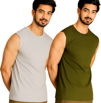Adorbs Solid Men Round Neck Grey, Dark Green T-Shirt