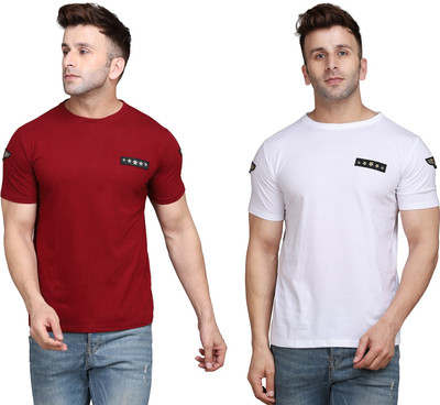GEUM Solid Men Round Neck White, Maroon T-Shirt