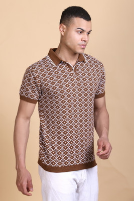DZANT Checkered Men Polo Neck Brown T-Shirt