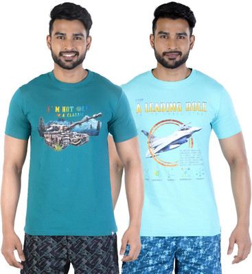 COLORS by Rupa Frontline Graphic Print Men Round Neck Green, Light Blue T-Shirt