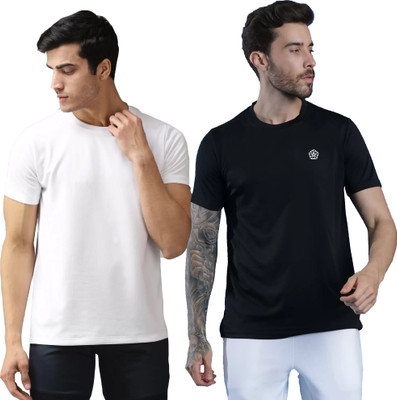 Tresna Fab Printed, Solid Men Round Neck White, Black T-Shirt