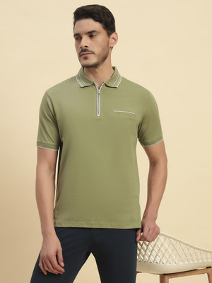 CANTABIL Solid Men Zip Neck Green T-Shirt