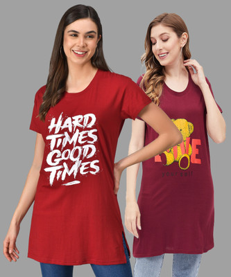 Christy World Printed Women Round Neck Maroon, Red T-Shirt