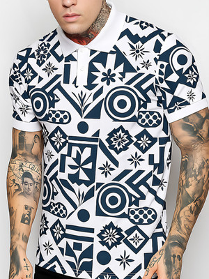 SINDHIGARMENT Printed Men Polo Neck White T-Shirt