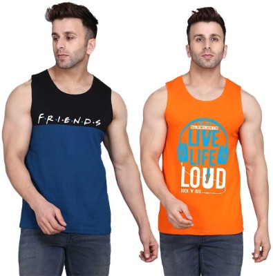 SLOWLORIS Printed Men Scoop Neck Orange, Black, Dark Blue T-Shirt