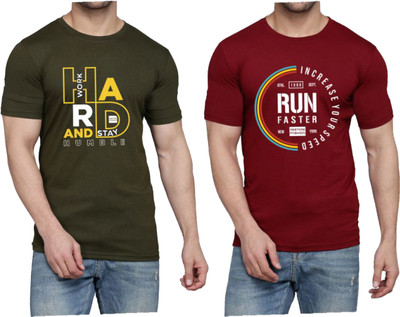 WOOSTRO Printed Men Round Neck Dark Green, Maroon T-Shirt