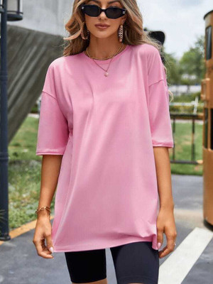 kasakclothing Solid Women Round Neck Pink T-Shirt