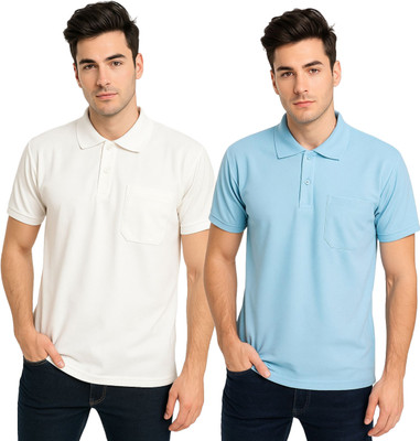 BLACK COOL Solid Men Polo Neck White, Light Blue T-Shirt