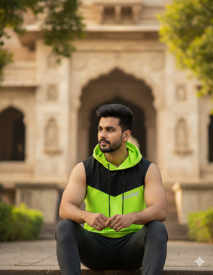 Ganpati Colorblock Men Hooded Neck Black, Green T-Shirt