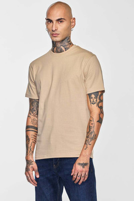 Snitch Solid Men Round Neck Beige T-Shirt