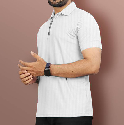 HELMONT Striped Men Polo Neck White T-Shirt