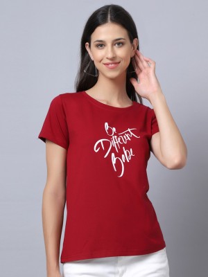 UnaOne Typography Women Round Neck Maroon T-Shirt