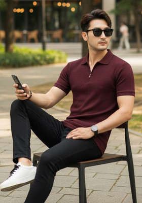 DSV ENTERPRISES Self Design Men Polo Neck Maroon T-Shirt