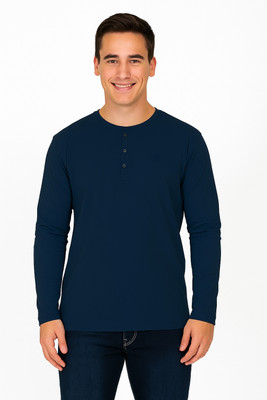 CELSIUS Solid Men Mandarin Collar Navy Blue T-Shirt