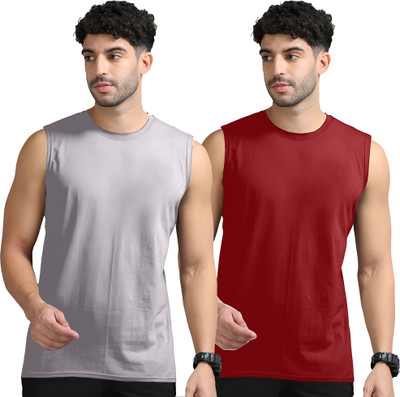 Jangoboy Solid Men Round Neck Grey, Maroon T-Shirt