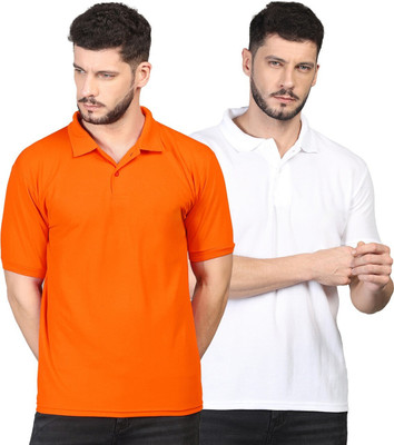 INKKR Solid Men Polo Neck White, Orange T-Shirt