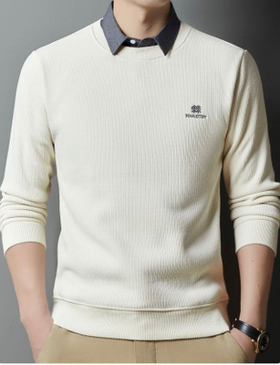 DLooK Designer Self Design Men Round Neck White T-Shirt