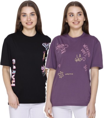 Star Touch Floral Print Women Round Neck Reversible Black, Purple T-Shirt