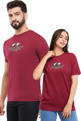 Astrape & Bronte Printed Couple Round Neck Maroon T-Shirt