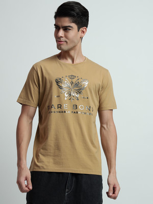 Rare Bond Studios Printed Men Round Neck Beige T-Shirt