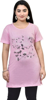 Zapblack Floral Print Women Round Neck Pink T-Shirt