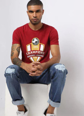 French Connection Printed, Typography Men Round Neck Red T-Shirt